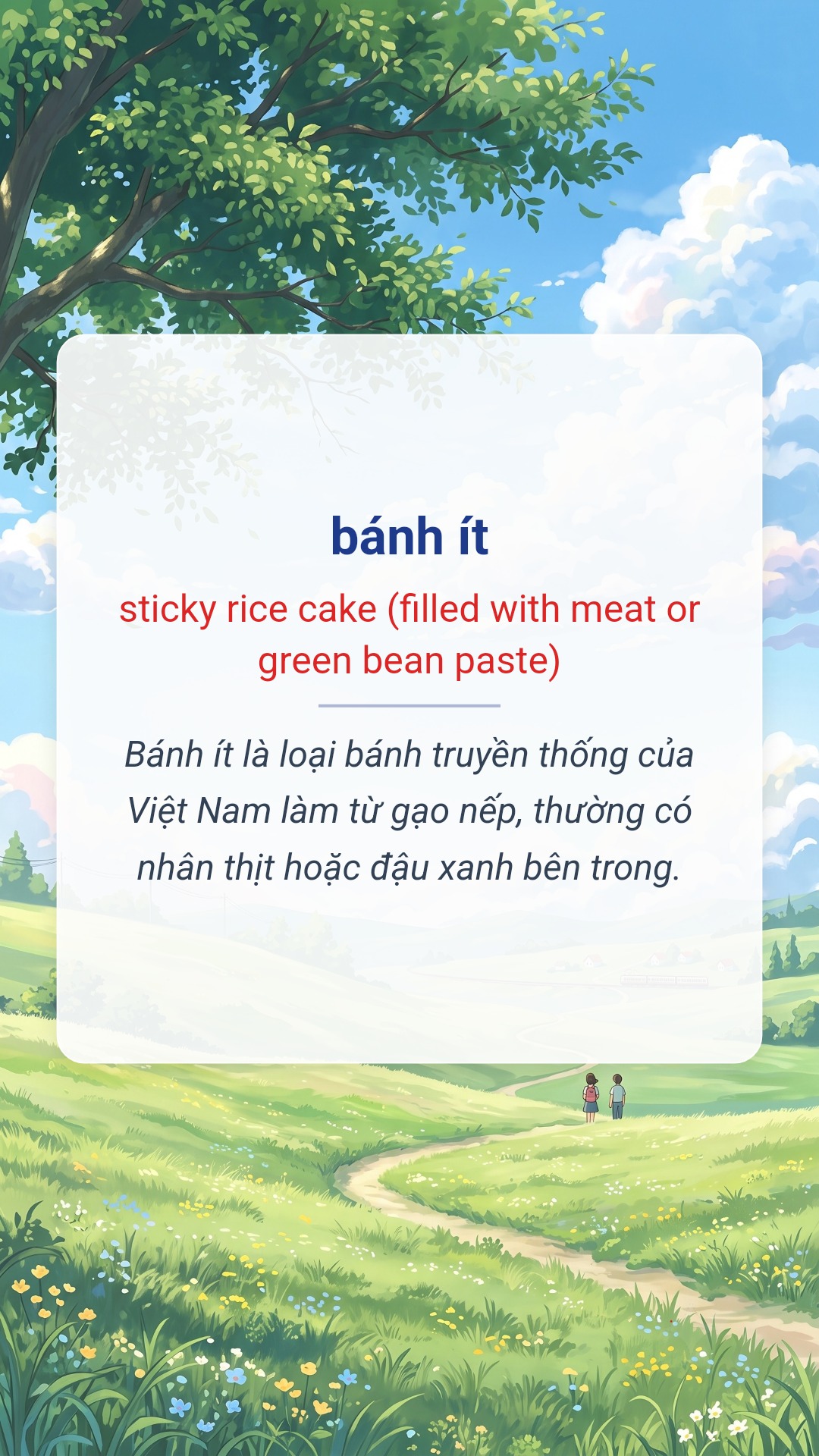 bánh ít tiếng Anh là sticky rice cake (filled with meat or green bean paste) Hình minh hoạ "bánh ít" tiếng Anh là "sticky rice cake (filled with meat or green bean paste)"