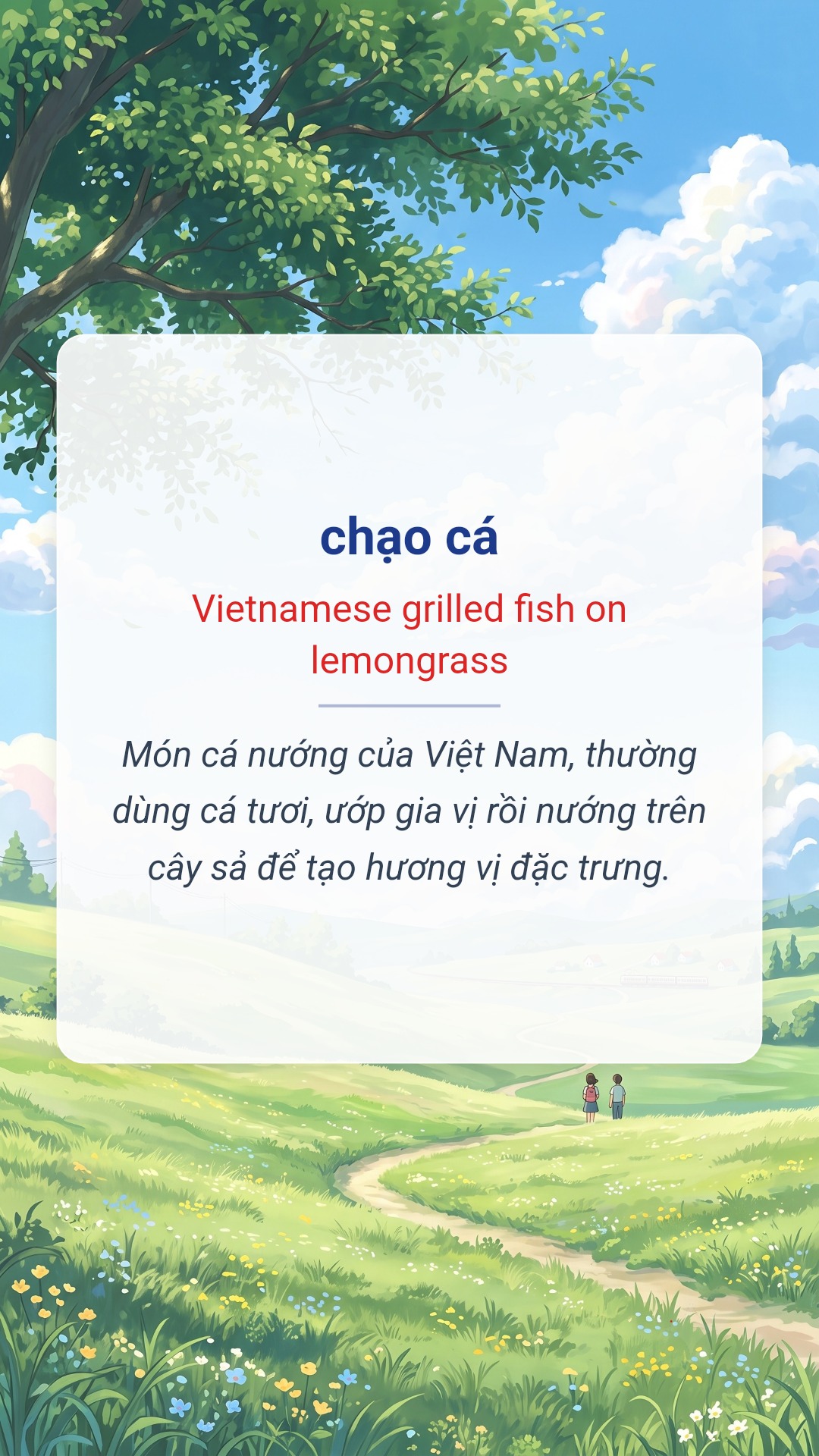Hình minh hoạ "chạo cá" tiếng Anh là "Vietnamese grilled fish on lemongrass"