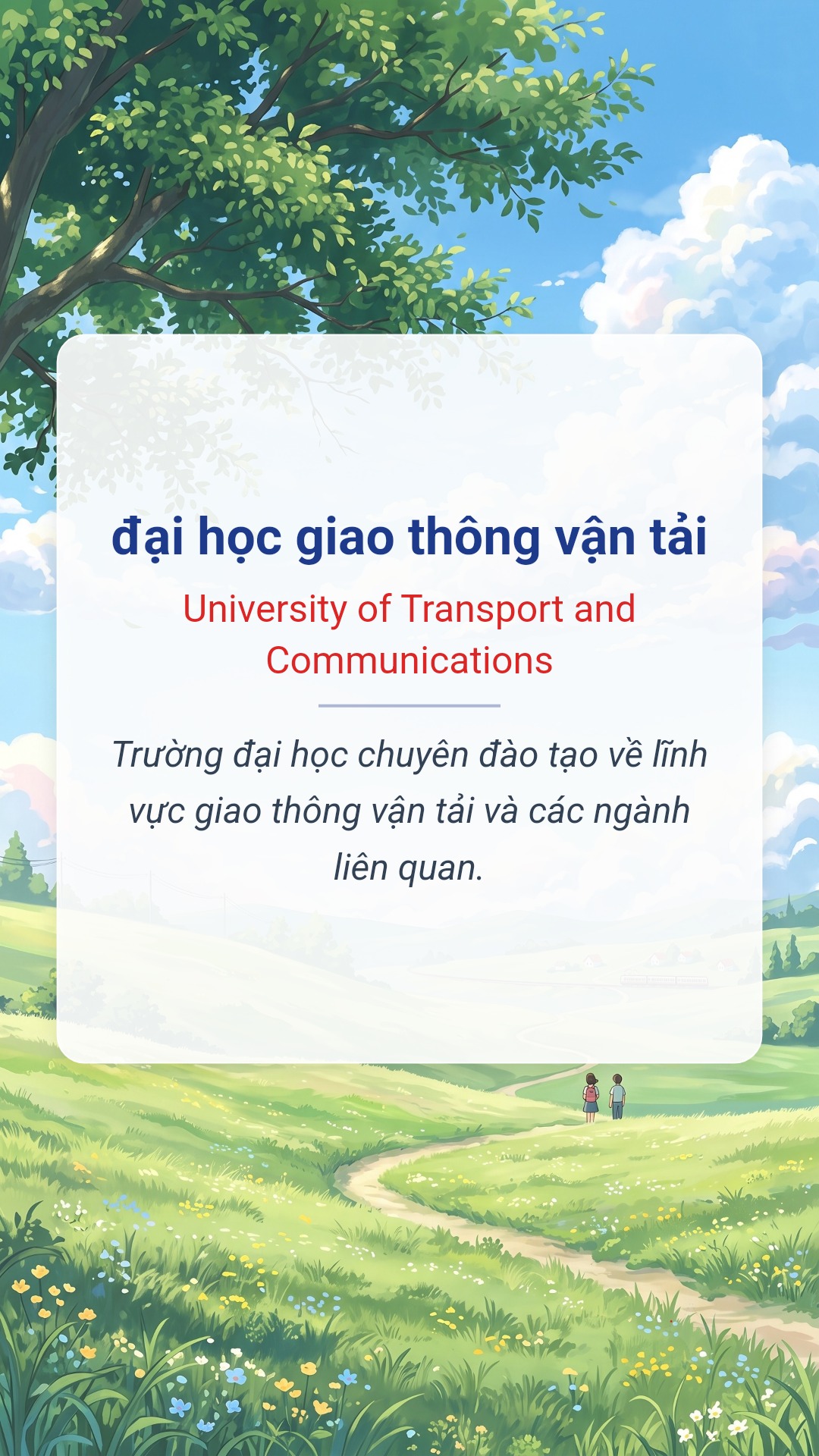 đại học giao thông vận tải tiếng Anh là University of Transport and Communications Hình minh hoạ "đại học giao thông vận tải" tiếng Anh là "University of Transport and Communications"
