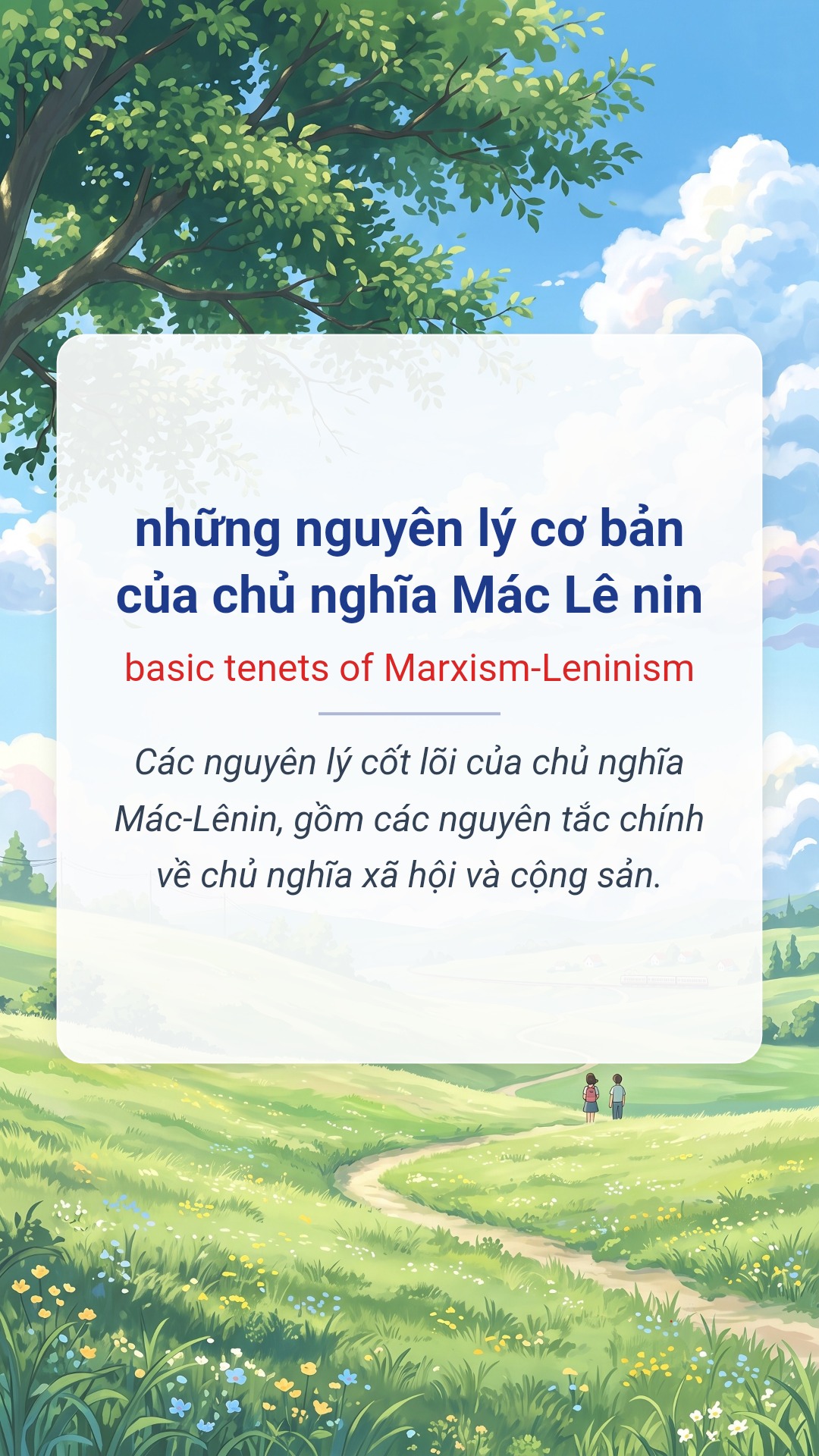 những nguyên lý cơ bản của chủ nghĩa Mác Lê nin tiếng Anh là basic tenets of Marxism-Leninism Hình minh hoạ "những nguyên lý cơ bản của chủ nghĩa Mác Lê nin" tiếng Anh là "basic tenets of Marxism-Leninism"