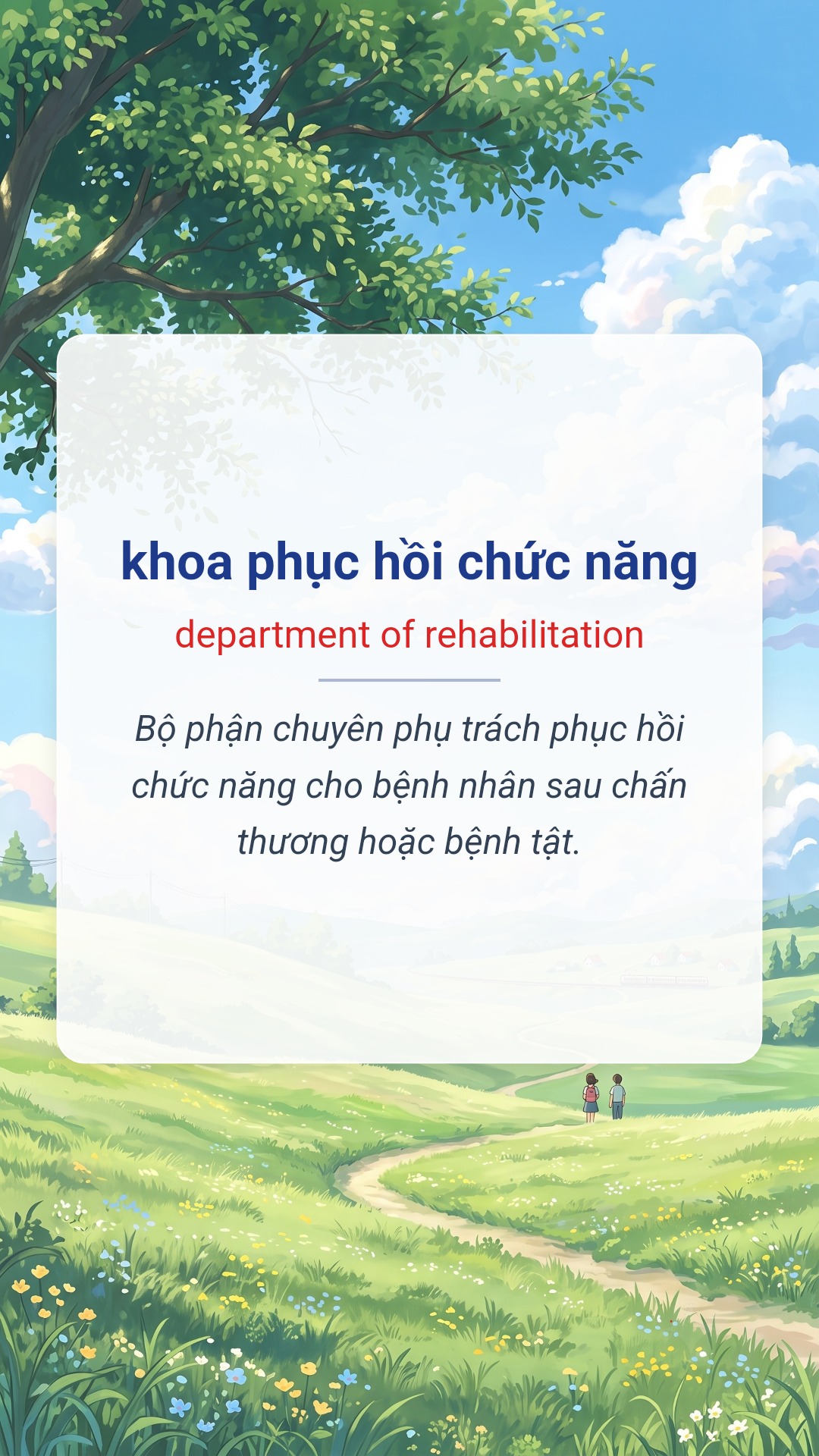 khoa phục hồi chức năng tiếng Anh là department of rehabilitation Hình minh hoạ "khoa phục hồi chức năng" tiếng Anh là "department of rehabilitation"