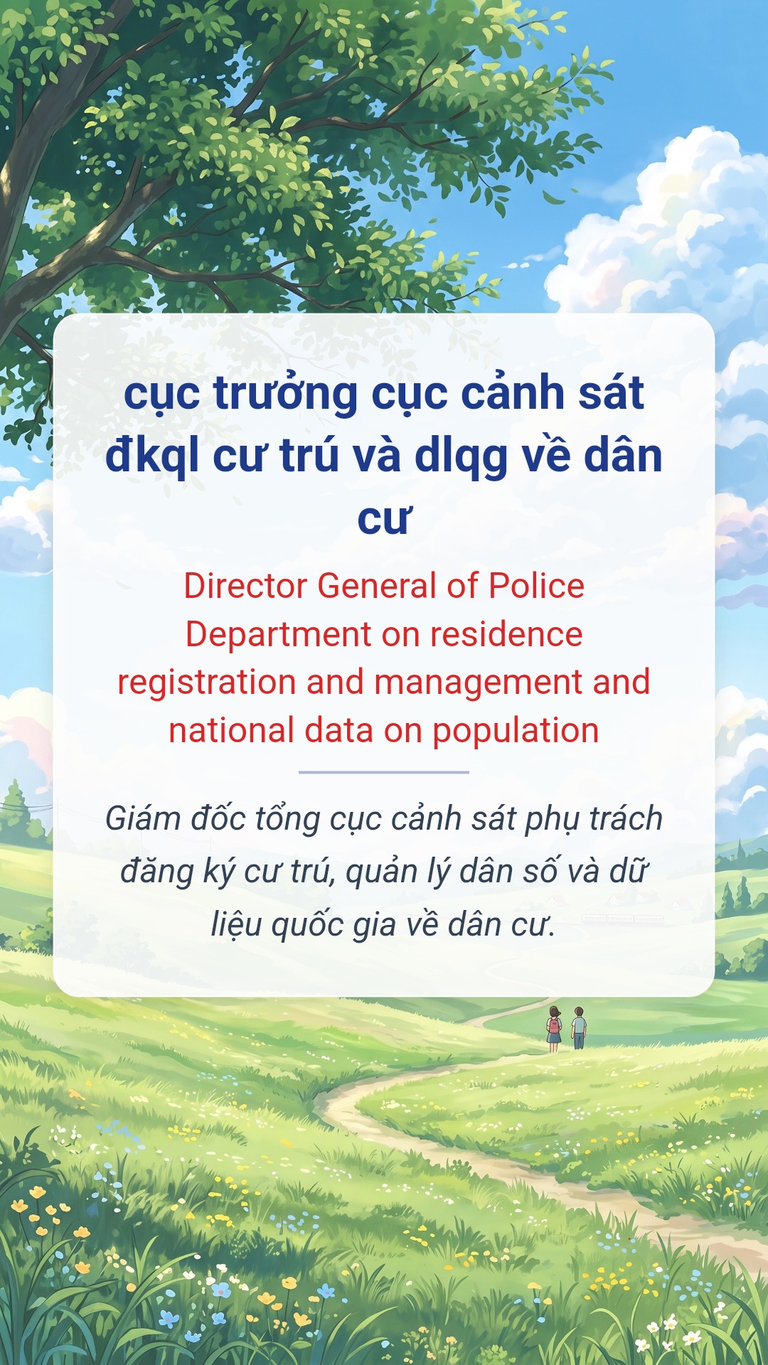 Hình minh hoạ "cục trưởng cục cảnh sát đkql cư trú và dlqg về dân cư" tiếng Anh là "Director General of Police Department on residence registration and management and national data on population"