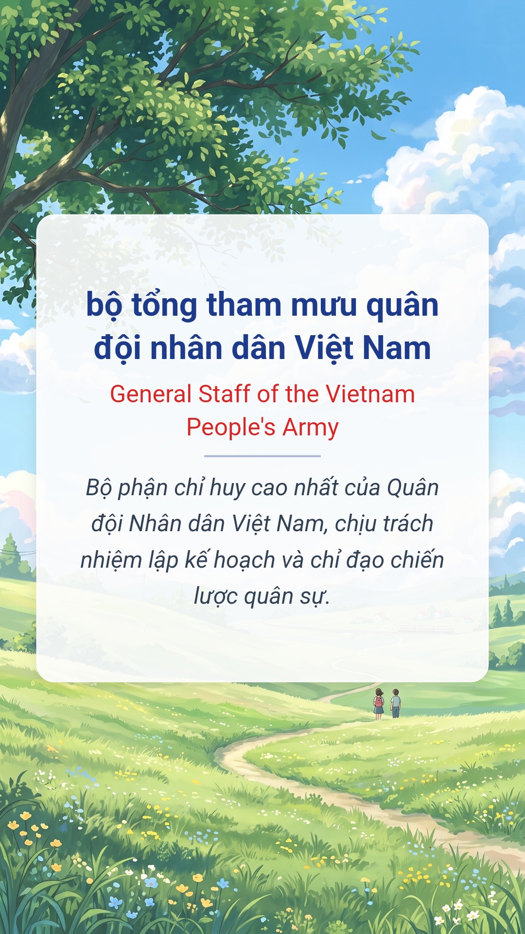 bộ tổng tham mưu quân đội nhân dân Việt Nam tiếng Anh là General Staff of the Vietnam People's Army Hình minh hoạ "bộ tổng tham mưu quân đội nhân dân Việt Nam" tiếng Anh là "General Staff of the Vietnam People's Army"