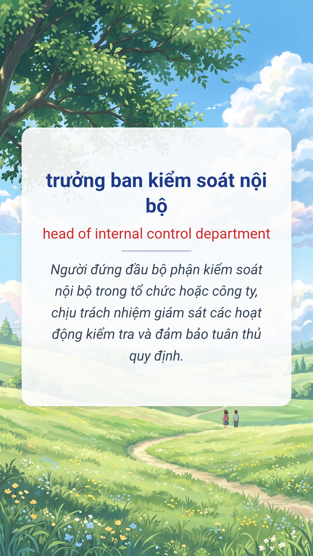 trưởng ban kiểm soát nội bộ tiếng Anh là head of internal control department Hình minh hoạ "trưởng ban kiểm soát nội bộ" tiếng Anh là "head of internal control department"