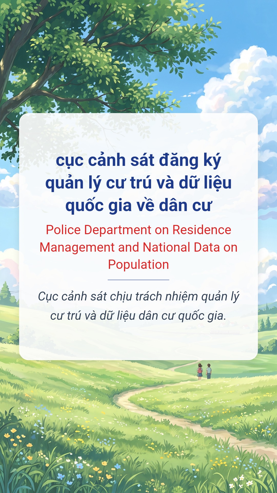 cục cảnh sát đăng ký quản lý cư trú và dữ liệu quốc gia về dân cư tiếng Anh là Police Department on Residence Management and National Data on Population Hình minh hoạ "cục cảnh sát đăng ký quản lý cư trú và dữ liệu quốc gia về dân cư" tiếng Anh là "Police Department on Residence Management and National Data on Population"