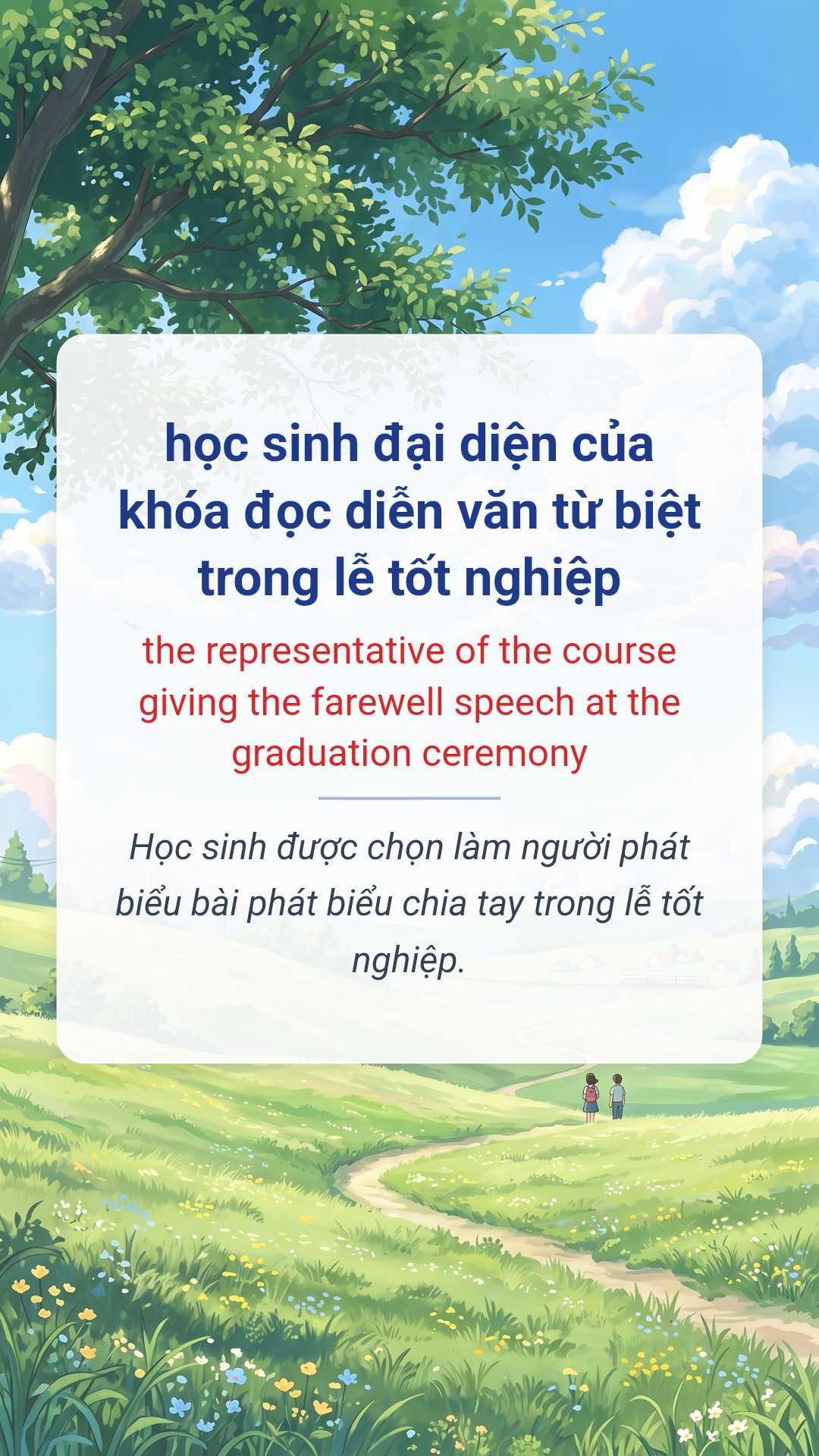 học sinh đại diện của khóa đọc diễn văn từ biệt trong lễ tốt nghiệp tiếng Anh là the representative of the course giving the farewell speech at the graduation ceremony Hình minh hoạ "học sinh đại diện của khóa đọc diễn văn từ biệt trong lễ tốt nghiệp" tiếng Anh là "the representative of the course giving the farewell speech at the graduation ceremony"