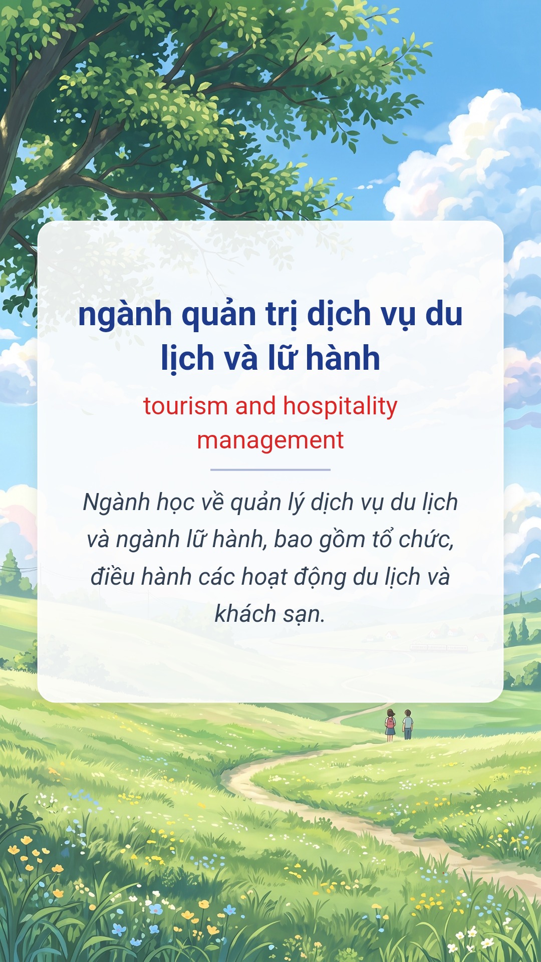 ngành quản trị dịch vụ du lịch và lữ hành tiếng Anh là tourism and hospitality management Hình minh hoạ "ngành quản trị dịch vụ du lịch và lữ hành" tiếng Anh là "tourism and hospitality management"