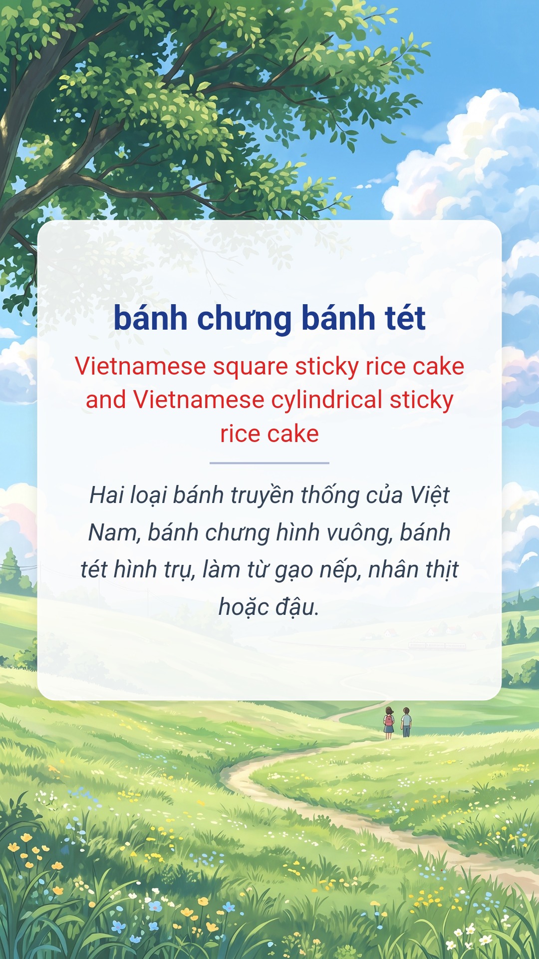 bánh chưng bánh tét tiếng Anh là Vietnamese square sticky rice cake and Vietnamese cylindrical sticky rice cake Hình minh hoạ "bánh chưng bánh tét" tiếng Anh là "Vietnamese square sticky rice cake and Vietnamese cylindrical sticky rice cake"