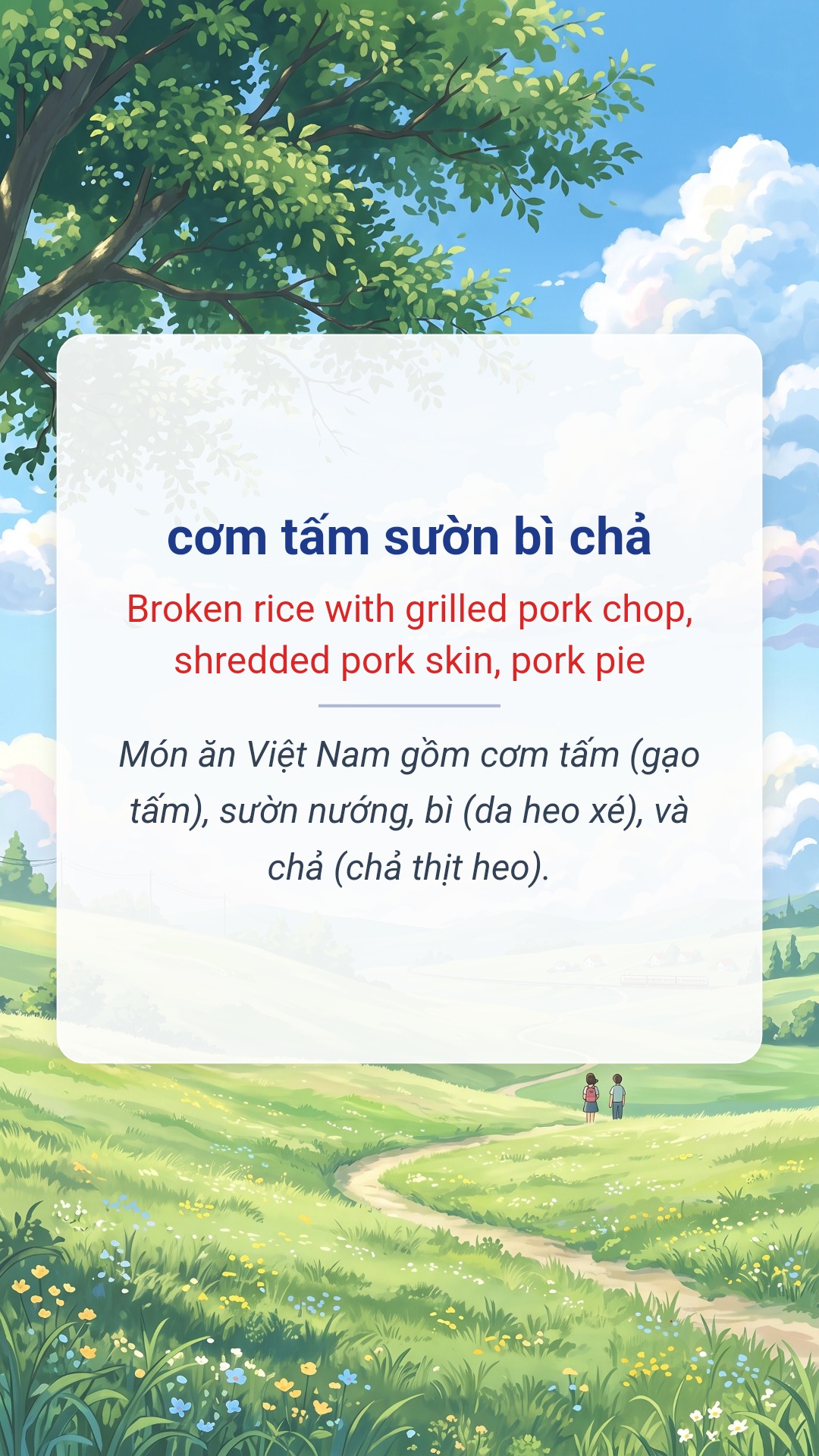 cơm tấm sườn bì chả tiếng Anh là Broken rice with grilled pork chop, shredded pork skin, pork pie Hình minh hoạ "cơm tấm sườn bì chả" tiếng Anh là "Broken rice with grilled pork chop, shredded pork skin, pork pie"