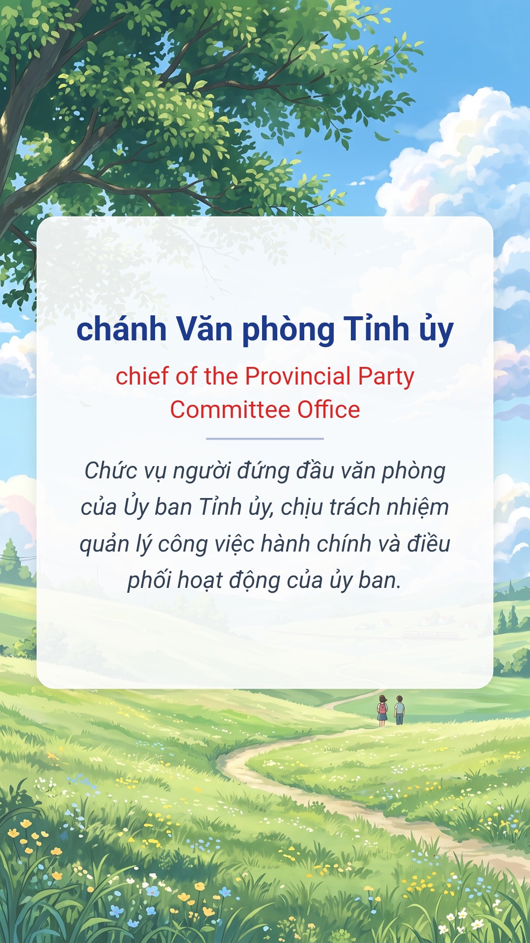 Hình minh hoạ "chánh Văn phòng Tỉnh ủy" tiếng Anh là "chief of the Provincial Party Committee Office"