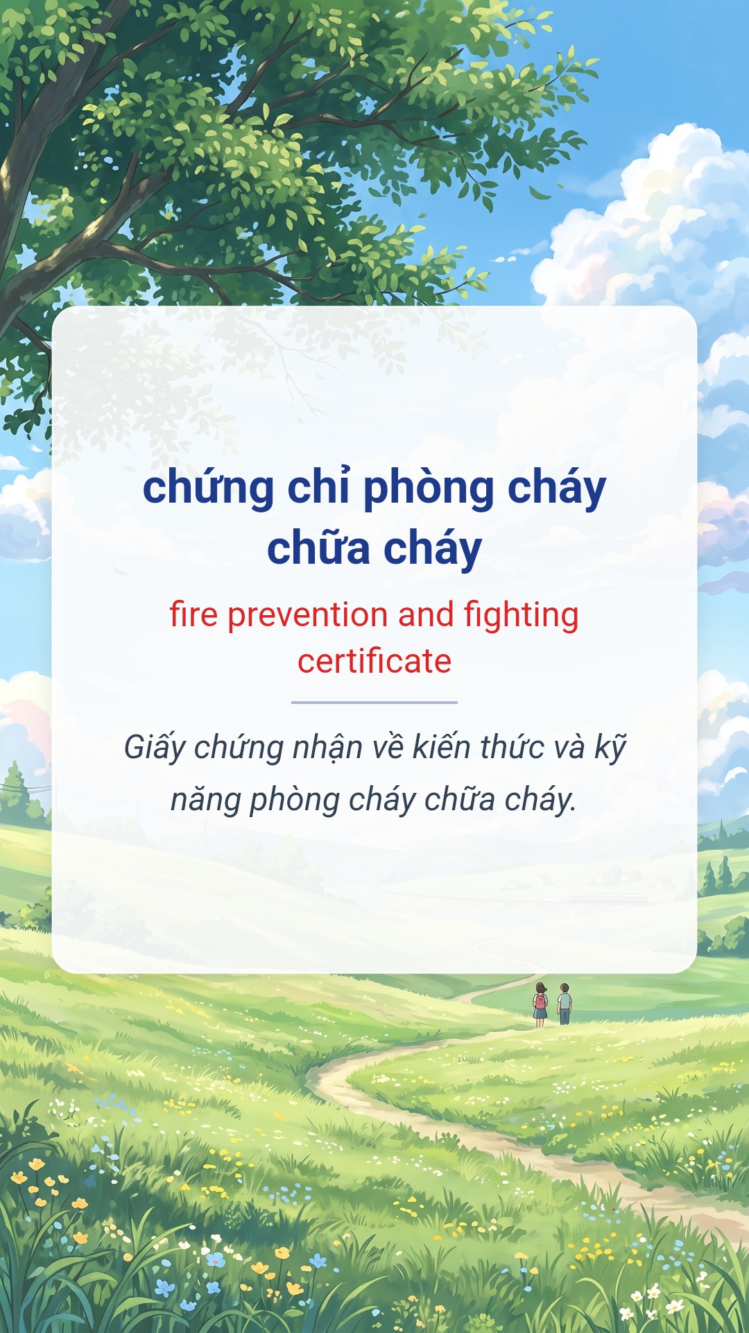chứng chỉ phòng cháy chữa cháy tiếng Anh là fire prevention and fighting certificate Hình minh hoạ "chứng chỉ phòng cháy chữa cháy" tiếng Anh là "fire prevention and fighting certificate"