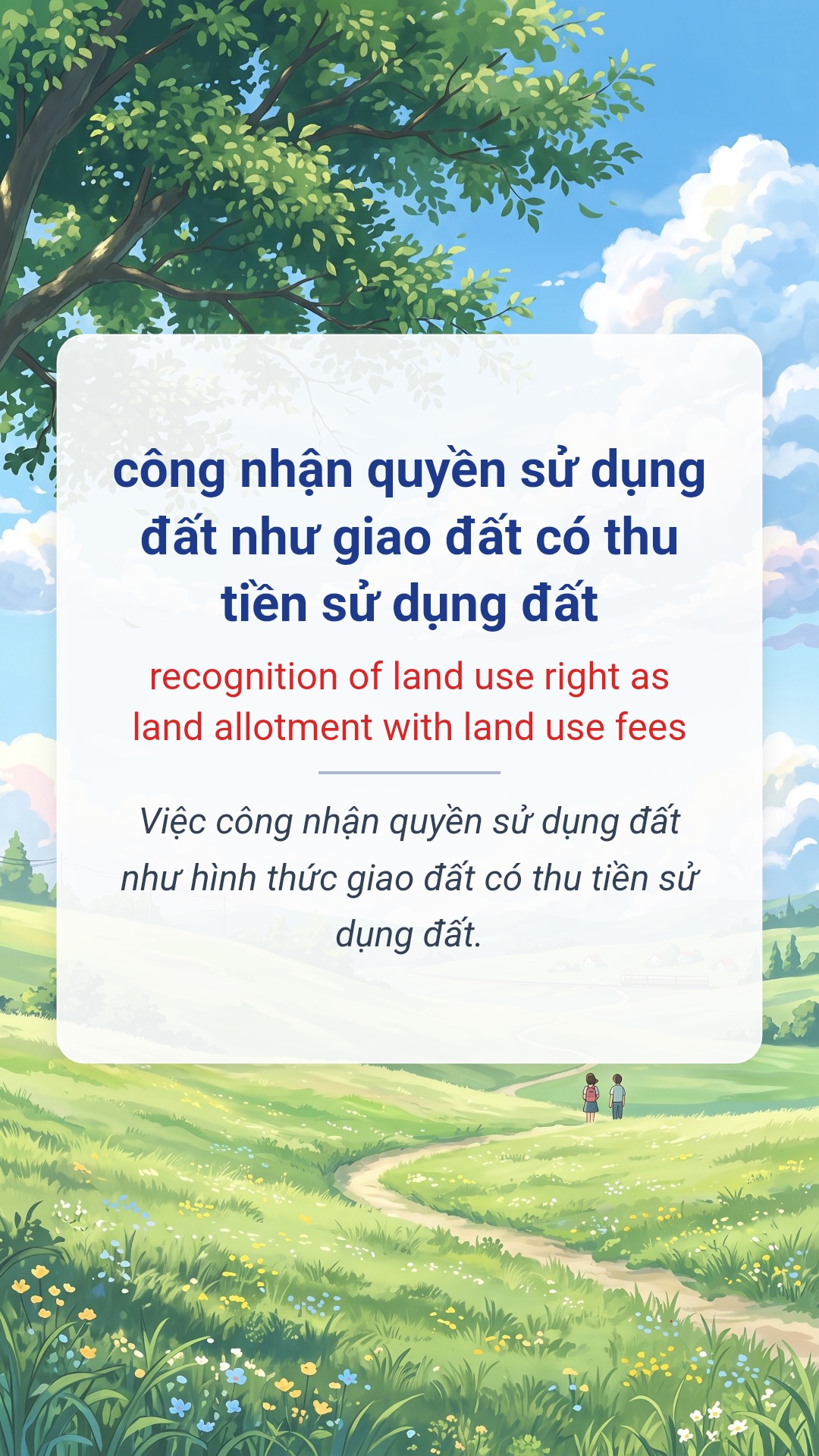 công nhận quyền sử dụng đất như giao đất có thu tiền sử dụng đất tiếng Anh là recognition of land use right as land allotment with land use fees Hình minh hoạ "công nhận quyền sử dụng đất như giao đất có thu tiền sử dụng đất" tiếng Anh là "recognition of land use right as land allotment with land use fees"
