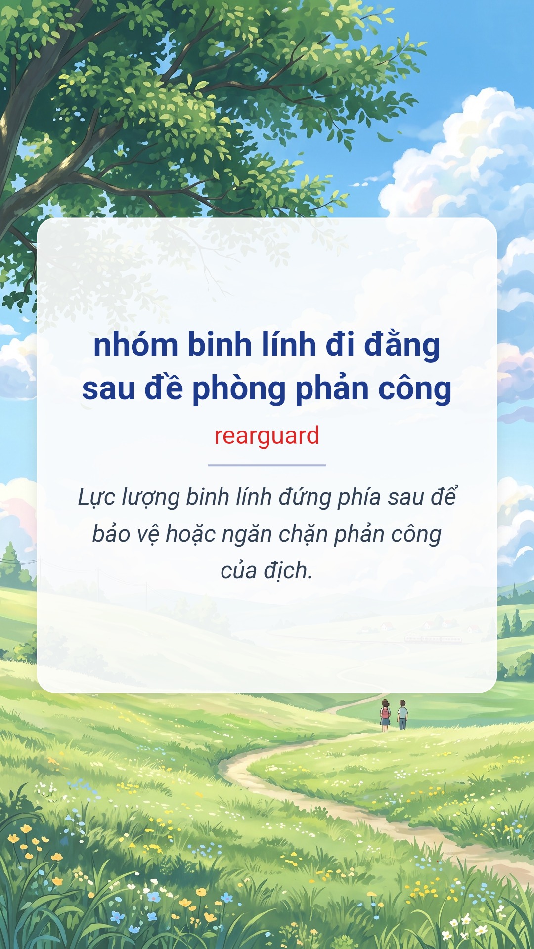 Hình minh hoạ "nhóm binh lính đi đằng sau đề phòng phản công" tiếng Anh là "rearguard"