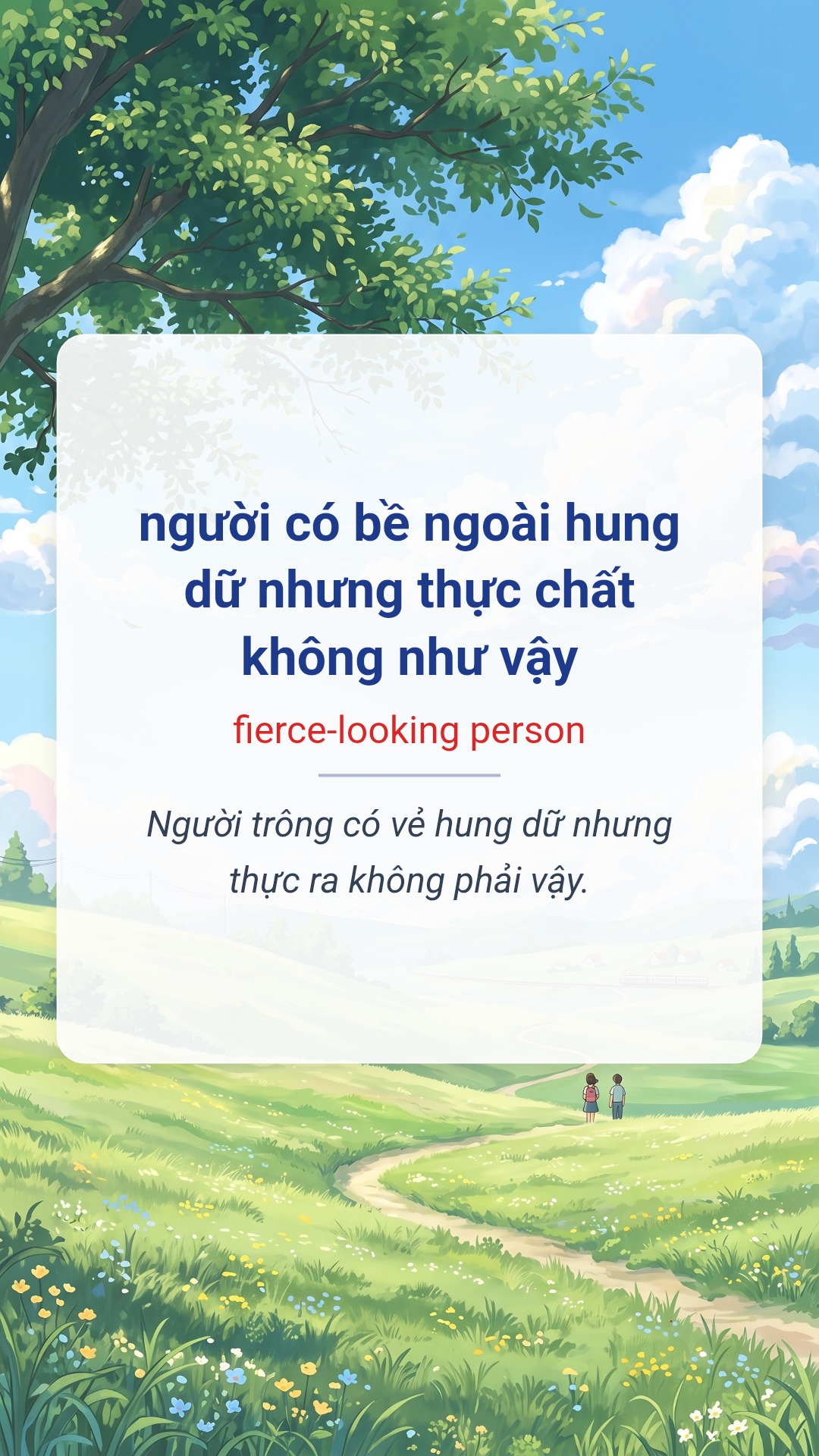 người có bề ngoài hung dữ nhưng thực chất không như vậy tiếng Anh là fierce-looking person Hình minh hoạ "người có bề ngoài hung dữ nhưng thực chất không như vậy" tiếng Anh là "fierce-looking person"