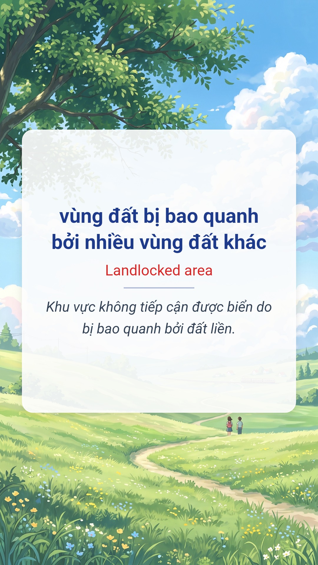 vùng đất bị bao quanh bởi nhiều vùng đất khác tiếng Anh là Landlocked area Hình minh hoạ "vùng đất bị bao quanh bởi nhiều vùng đất khác" tiếng Anh là "Landlocked area"
