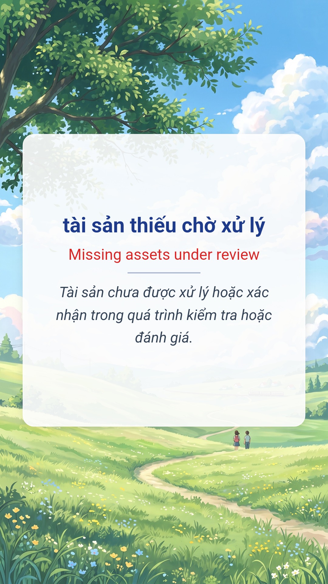 tài sản thiếu chờ xử lý tiếng Anh là Missing assets under review Hình minh hoạ "tài sản thiếu chờ xử lý" tiếng Anh là "Missing assets under review"