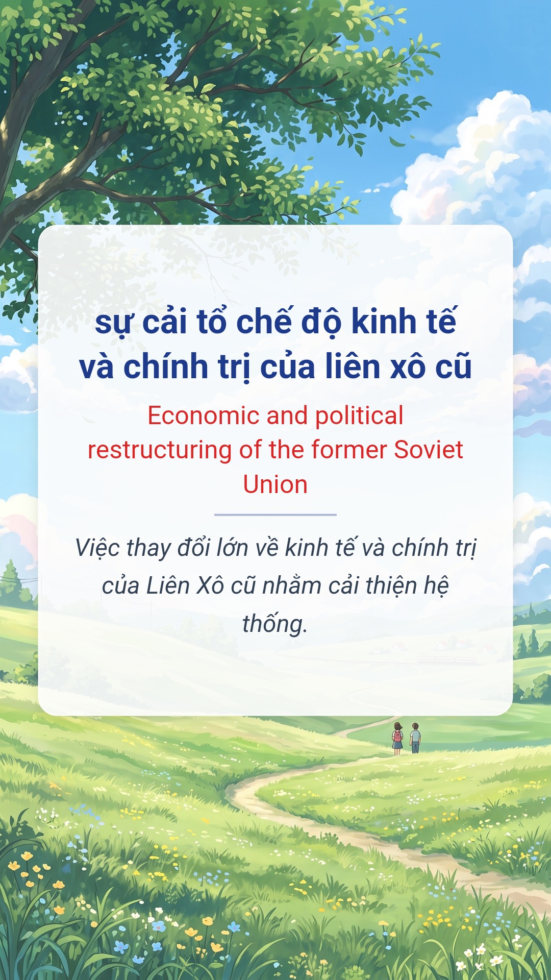 sự cải tổ chế độ kinh tế và chính trị của liên xô cũ tiếng Anh là Economic and political restructuring of the former Soviet Union Hình minh hoạ "sự cải tổ chế độ kinh tế và chính trị của liên xô cũ" tiếng Anh là "Economic and political restructuring of the former Soviet Union"