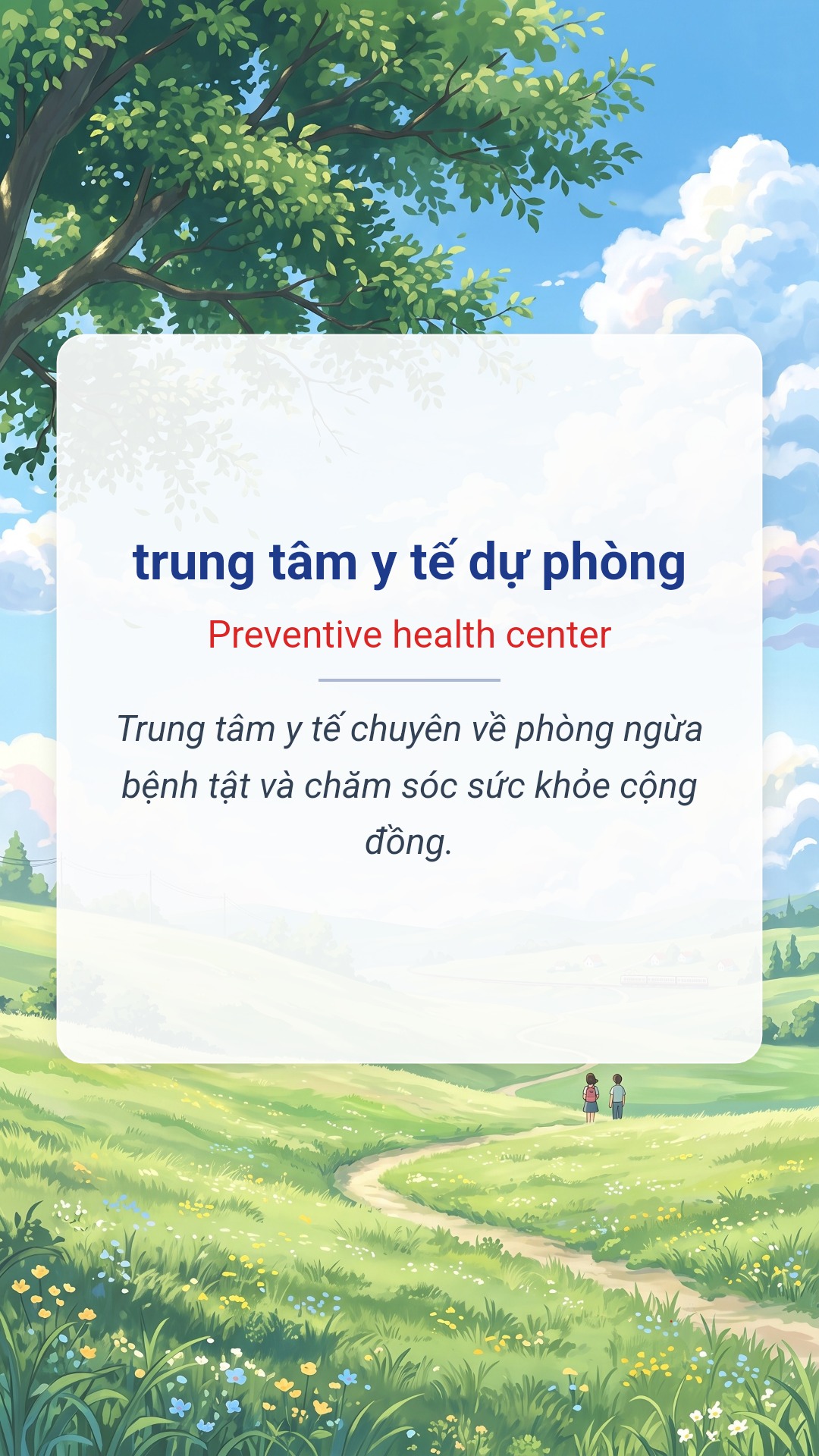 trung tâm y tế dự phòng tiếng Anh là Preventive health center Hình minh hoạ "trung tâm y tế dự phòng" tiếng Anh là "Preventive health center"