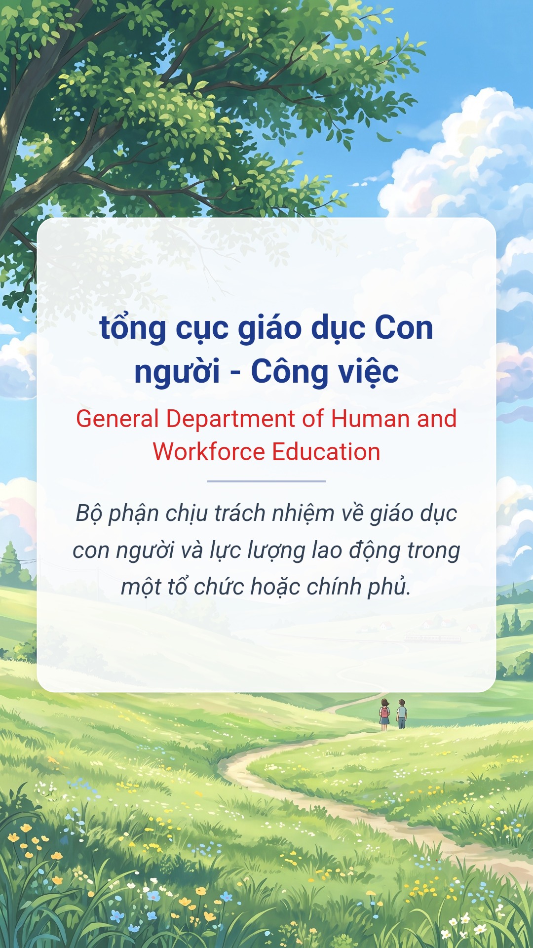 tổng cục giáo dục Con người - Công việc tiếng Anh là General Department of Human and Workforce Education Hình minh hoạ "tổng cục giáo dục Con người - Công việc" tiếng Anh là "General Department of Human and Workforce Education"