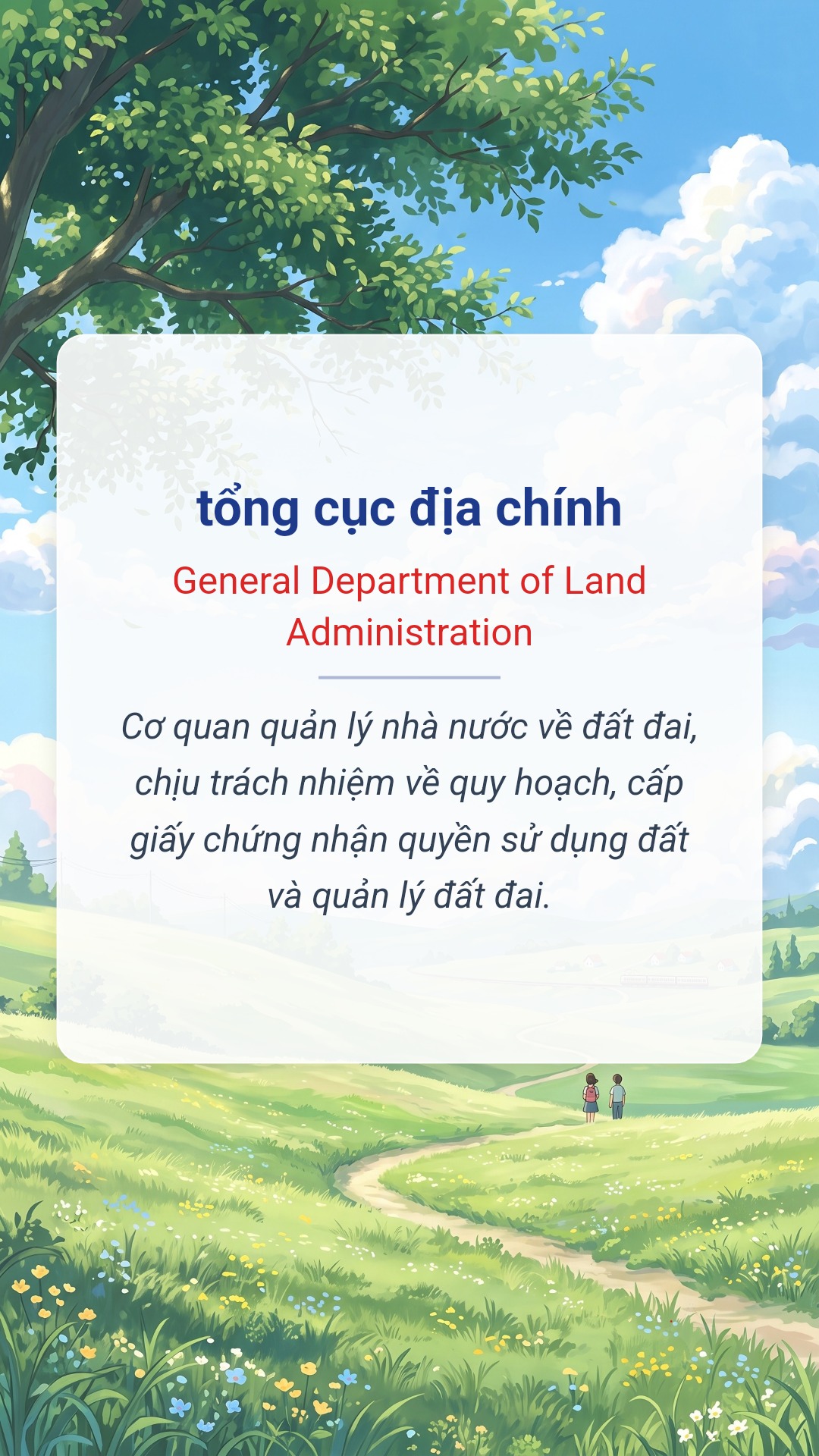 tổng cục địa chính tiếng Anh là General Department of Land Administration Hình minh hoạ "tổng cục địa chính" tiếng Anh là "General Department of Land Administration"