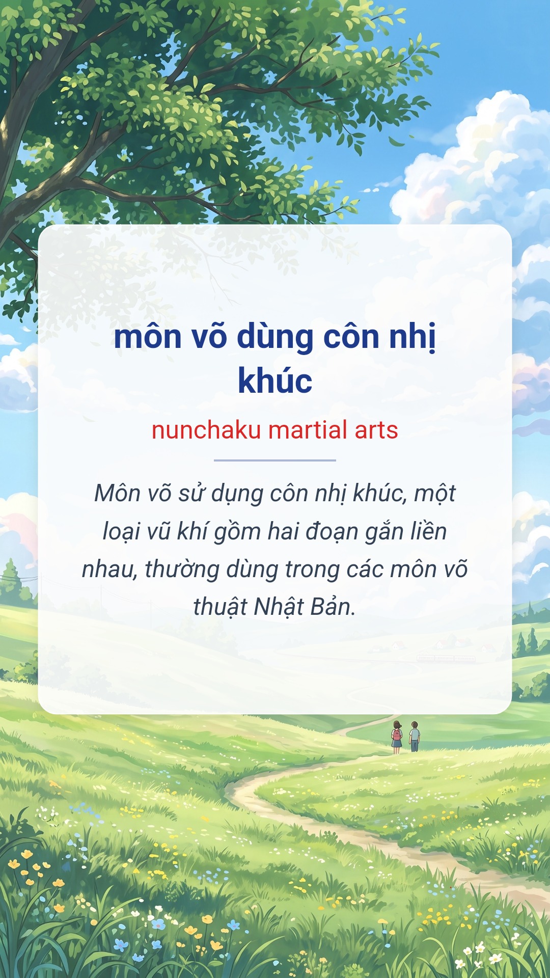 môn võ dùng côn nhị khúc tiếng Anh là nunchaku martial arts Hình minh hoạ "môn võ dùng côn nhị khúc" tiếng Anh là "nunchaku martial arts"