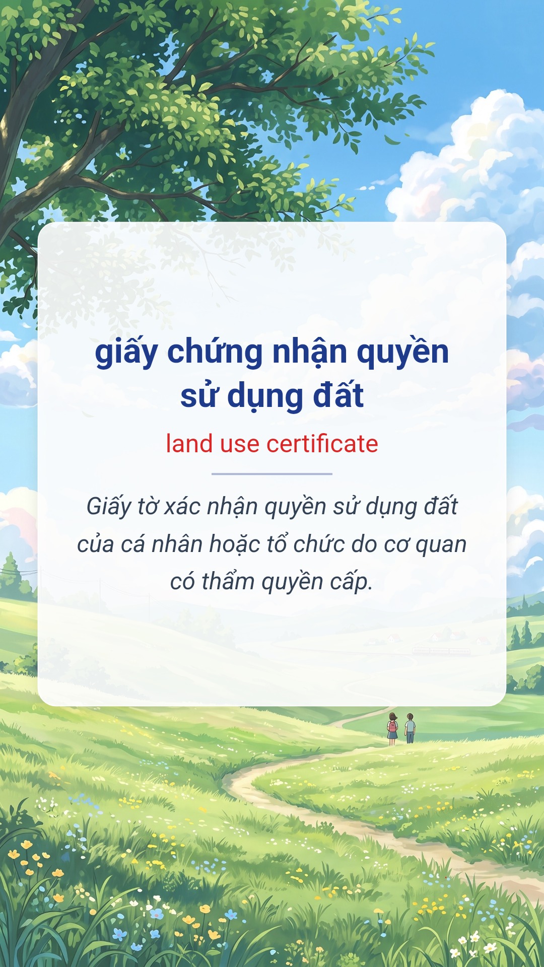 giấy chứng nhận quyền sử dụng đất tiếng Anh là land use certificate Hình minh hoạ "giấy chứng nhận quyền sử dụng đất" tiếng Anh là "land use certificate"