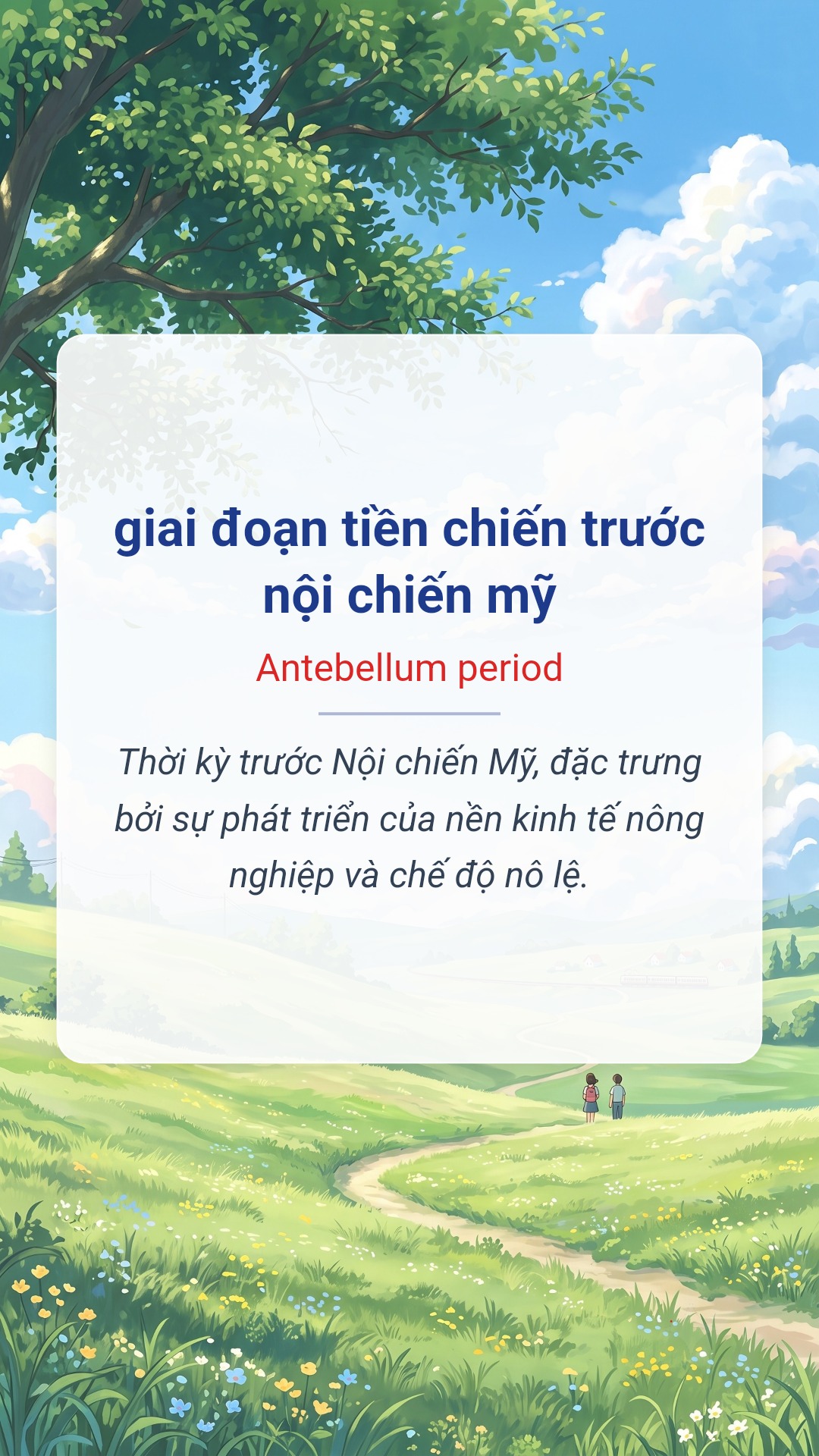 giai đoạn tiền chiến trước nội chiến mỹ tiếng Anh là Antebellum period Hình minh hoạ "giai đoạn tiền chiến trước nội chiến mỹ" tiếng Anh là "Antebellum period"