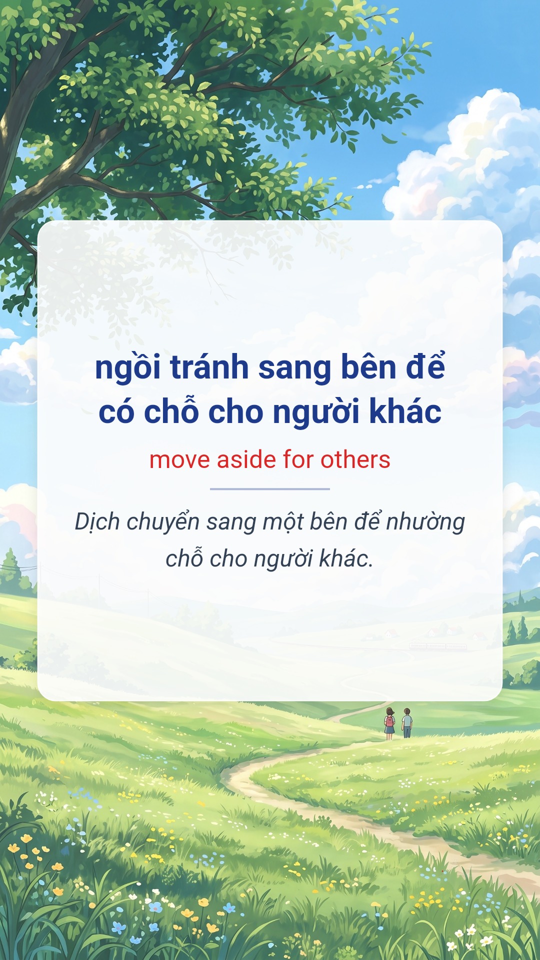 ngồi tránh sang bên để có chỗ cho người khác tiếng Anh là move aside for others Hình minh hoạ "ngồi tránh sang bên để có chỗ cho người khác" tiếng Anh là "move aside for others"